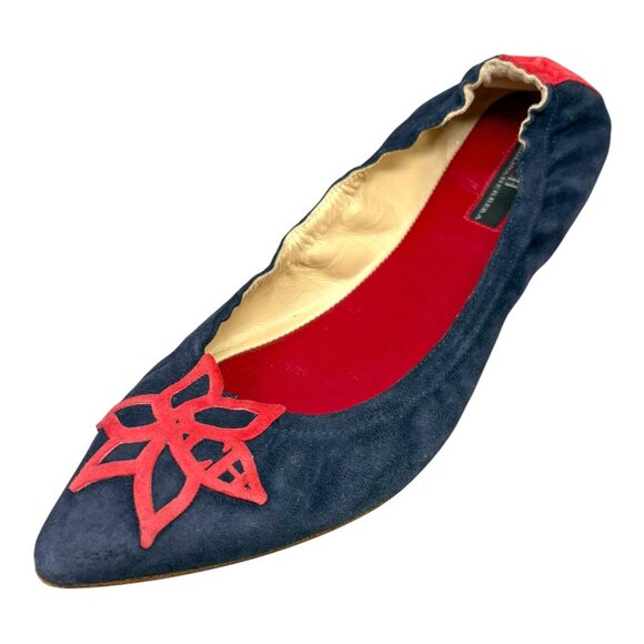 CAROLINA HERRERA Navy Blue Suede with Red Leather Pointy Ballet Flats - Picture 3 of 11